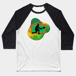 Tennis Player with Tennis Court Background and Wimbledon Colours 7 Baseball T-Shirt